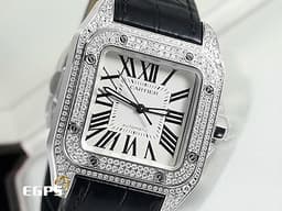 CARTIER 卡地亞 Santos 100 山度士 中型 <font color="#05f0f0">白色面盤 精鑲鑽框 黑色羅馬數字</font> 經典大三針<font color="#ff0000"> 2024年保單</font> 自動上鏈 36mm