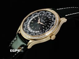 Patek philippe 百達翡麗 PP錶 Complications 複雜功能時計 World Time 世界時區 7130R-014 18K玫瑰金材質&nbsp;&nbsp;<font color="#70cce1">原廠鑲嵌89顆鑽石（1.09 克拉）錶圈、錶扣&nbsp;</font><font color="#9cd3a7">綠色手工雕紋面盤</font> <font color="#FF0000">2025年保單 新錶訂價：2,038,000元</font> 自動上鍊 36mm