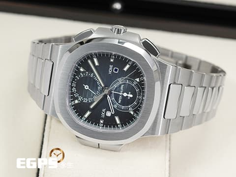 Patek Philippe 百達翡麗 PP錶 Nautilus Travel Time Flyback Chronograph 金鷹 鸚鵡螺 5990/1A-011&nbsp;藍色漸層橫條紋面盤&nbsp;兩地時區 飛返 計時碼錶 不鏽鋼 新一代鋼王&nbsp;2026年保單&nbsp;自動上鏈 40.5mm