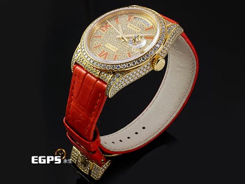 ROLEX 勞力士 Day-Date 36 蠔式 星期日曆型 128159RBR&nbsp;18K黃金材質 128159&nbsp;原廠鑲嵌滿天星鑽石面盤、錶圈、錶殼、錶扣 橘色琺瑯羅馬數字時標&nbsp;DD36 經典 官網型錄查不到的隱藏版&nbsp;2025年保卡  自動上鏈 36mm