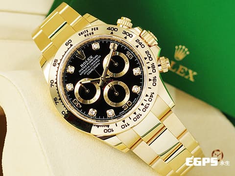 ROLEX 勞力士 DAYTONA 迪通拿 116508 18黃金材質 鍊帶款 原廠鑲嵌八顆鑽石時標 黑色面盤 金色計時圈&nbsp; 2023年保卡 計時碼表&nbsp;自動上鍊 40mm
