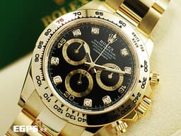 ROLEX 勞力士 DAYTONA 迪通拿 116508 18黃金材質 鍊帶款 <font color="#05f0f0">原廠鑲嵌八顆鑽石時標 黑色面盤 金色計時圈</font>&nbsp; <font color="#ff0000">2023年保卡</font> 計時碼表&nbsp;自動上鍊 40mm