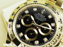 ROLEX 勞力士 DAYTONA 迪通拿 116508 18黃金材質 鍊帶款 <font color="#05f0f0">原廠鑲嵌八顆鑽石時標 黑色面盤 金色計時圈</font>&nbsp; <font color="#ff0000">2023年保卡</font> 計時碼表&nbsp;自動上鍊 40mm