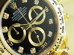 ROLEX 勞力士 DAYTONA 迪通拿 116508 18黃金材質 鍊帶款 <font color="#05f0f0">原廠鑲嵌八顆鑽石時標 黑色面盤 金色計時圈</font>&nbsp; <font color="#ff0000">2023年保卡</font> 計時碼表&nbsp;自動上鍊 40mm