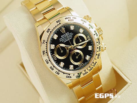ROLEX 勞力士 DAYTONA 迪通拿 116508 18黃金材質 鍊帶款 原廠鑲嵌八顆鑽石時標 黑色面盤 金色計時圈&nbsp; 2023年保卡 計時碼表&nbsp;自動上鍊 40mm