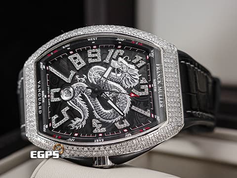 Franck Muller 法蘭穆勒 FM錶 Vanguard Yachting 遊艇系列 Dragon King Limited Edition 龍王&nbsp;限量188只&nbsp;精鑲鑽圈、面盤&nbsp;V45 YT SC DT AC NR 酒桶型 不鏽鋼 自動腕錶  44x54mm