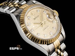 ROLEX 勞力士 Lady DateJust 179173G 蠔式日誌型&nbsp;DJ26 經典三角坑紋錶圈 半金款 18K黃金材質 <font color="#05f0f0">原廠鑲嵌鑽石時標</font> <font color="#fff0d1">金色紀念型面盤</font> 自動上鍊 26mm