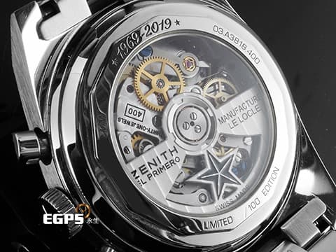 ZENITH 真力時 Chronomaster Original 系列 03.A3818.400/51.M3818 鈦金屬材質 El Primero 高振頻機芯 縱向拉絲藍色熊貓面盤 鋸齒狀測速儀刻度&nbsp;2020年保卡 復刻A3818 1969-2019&lt;五十周年紀念&gt;"AIRWEIGHT COVER GIRL" 限量100支&nbsp; 自動上鍊 38mm