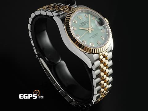 ROLEX 勞力士 Lady Date-Just 279173 DJ28 不鏽鋼&amp;18K黃金半金材質 稀少&nbsp;條紋薄荷綠色面盤&nbsp;2021年保卡 自動上鍊 28mm