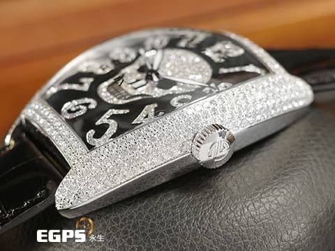 Franck Muller 法蘭穆勒 FM錶 Cintrée Curvex Gothique系列 8880 SC GOTH NBR D CD 原廠鑲嵌鑽石錶殼、骷髏頭圖案面盤、阿拉伯數字時標&nbsp;酒桶型 18K白金材質 大三針 8880SC 自動上鏈 44x54mm