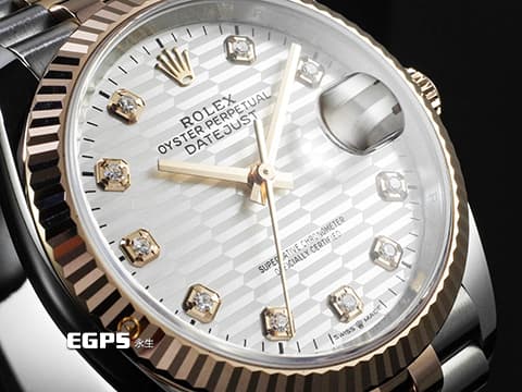 ROLEX 勞力士 蠔式 Datejust 126231 蠔式日誌型 永恒玫瑰金 半金 絕版雷射坑紋面 銀色坑紋面盤 原廠鑲嵌鑽石時標 2024年保卡 五銖紀念型錶帶 自動上鍊 36mm