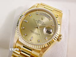 ROLEX 勞力士 Day-Date 36 蠔式 星期日曆型 18238A 18K黃金材質&nbsp;<font color="#f7da45">原廠鑽石時標 皇帝金色面盤</font><font color="#FF0000">&nbsp;</font>DD36 經典三角坑紋錶圈&nbsp;<font color="#ff0000">元首型（President）錶帶 總統帶</font> 自動上鍊 36mm