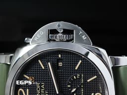 PANERAI 沛納海 Luminor 1950 3 Days GMT Power Reserve PAM01537 巴黎釘紋飾面盤 <font color="#b78e62">菸草色夜光時標 菸草面</font> 兩地時區 三日鍊 動力顯示<font color="#0582f5"> 藍色小秒針</font>&nbsp;PAM1537 不鏽鋼&nbsp;<font color="#FF0000">2018年保卡&nbsp;</font>自動上鏈 42mm