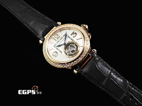 CARTIER 卡地亞 Pasha de Cartier HPI01575 18K玫瑰金材質 陀飛輪 錶冠鑲嵌0.36克拉 錶圈鑲嵌47顆(共1.98克拉)&nbsp;&nbsp;2026年保卡 新式「QuickSwitch」錶帶快拆系統 附皮革錶帶 新錶訂價：約3,480,000元&nbsp;自動上鍊 35.1mm