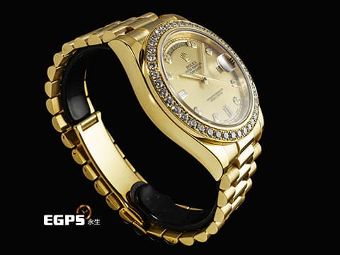ROLEX 勞力士 DAY-DATE 40 DD40 蠔式 星期日曆型 218348 18K黃金材質 原廠鑲嵌鑽石錶圈、時標 香檳金色面盤&nbsp;2015年保卡 台灣公司貨 自動上鏈 40mm