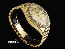 ROLEX 勞力士 DAY-DATE 40 DD40 蠔式 星期日曆型 218348 18K黃金材質 <font color="#05f0f0">原廠鑲嵌鑽石錶圈、時標</font> <font color="#f7e8cf">香檳金色面盤</font>&nbsp;<font color="#ff0000">2015年保卡 台灣公司貨 </font>自動上鏈 40mm