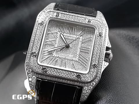 CARTIER 卡地亞 Santos 100 de Cartier 山度士 大型 經典 不鏽鋼材質 精鑲鑽石滿天星面盤、錶圈、錶扣&nbsp;自動上鍊 41mm