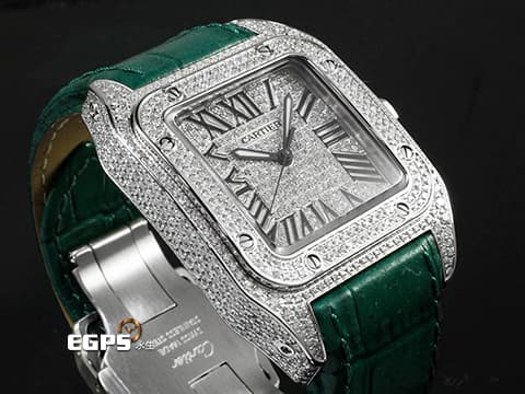 CARTIER 卡地亞 Santos 100 山度士 中型 精鑲滿天星鑽石面盤、鑲鑽錶圈&nbsp;綠色客製化皮革錶帶 自動上鍊 36mm