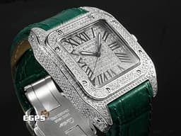 CARTIER 卡地亞 Santos 100 山度士 中型 <font color="#05f0f0">精鑲滿天星鑽石面盤、鑲鑽錶圈</font>&nbsp;<font color="#7cc473">綠色客製化皮革錶帶</font> 自動上鍊 36mm