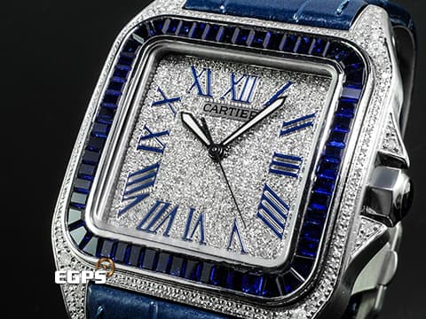 CARTIER 卡地亞 Santos 100 山度士 大型 經典 不鏽鋼材質   精鑲藍色寶石錶圈 精鑲真鑽漫天星面盤、錶殼&nbsp;自動上鍊 41mm