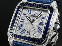 CARTIER 卡地亞 Santos 100 山度士 大型 經典 不鏽鋼材質  <font color="#0582f5"> 精鑲藍色寶石錶圈</font><font color="#FF0000"> </font><font color="#05f0f0">精鑲真鑽漫天星面盤、錶殼</font>&nbsp;自動上鍊 41mm
