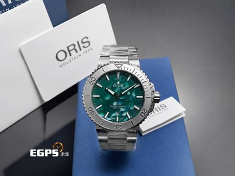 ORIS豪利時 Oris Aquis Date x Bracenet特別版 0173377304137 獨一無二的綠色萬花筒紋理 每支紋路皆不同 海洋保護聯名款 原廠膠膜全新未拆封&nbsp;不鏽鋼材質 2025年保單 潛水錶 自動上鍊 43.5mm