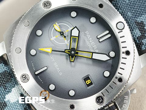PANERAI 沛納海 Submersible GMT Navy SEALs PAM01323 漸層灰面盤 PAM1323 兩地時間 小秒針 三日鍊 不鏽鋼 2022年保卡 潛水錶 自動上鏈 44mm