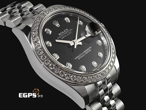 ROLEX 勞力士 Datejust 31 蠔式日誌型 178384&nbsp;不鏽鋼材質 原廠鑲嵌鑽石錶圈、時標 黑色面盤 2016年保卡 紀念型（Jubilee）五銖錶帶 自動上鍊 31mm