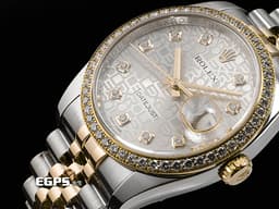 ROLEX 勞力士 DATEJUST 116243 蠔式日誌型 18K黃金材質 半金款 <font color="#05f0f0">原廠鑲嵌鑽石錶圈、時標 紀念面盤</font>&nbsp;<font color="#ff0000">2016年保卡 紀念型錶帶</font> 自動上鏈 36mm