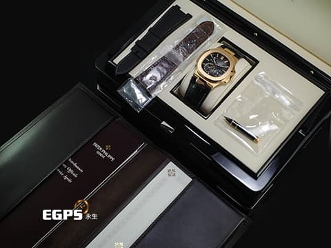 Patek Philippe 百達翡麗 PP錶 Nautilus 金鷹系列 鸚鵡螺 5712R-001 停產款 18K玫瑰金材質 漸層深灰色橫條紋面盤 月相顯示 2017年保單 台灣公司貨&nbsp;自動上鏈 38x43mm