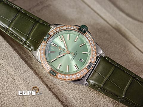 BREITLING 百年靈 Super Chronomat 38 超級機械計時 U17356&nbsp;薄荷綠色面盤&nbsp;半金款&nbsp;原廠鑲鑽玫瑰金錶圈&nbsp;不鏽鋼&nbsp;2025年保卡  自動上鍊 38mm