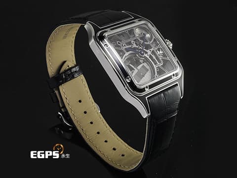 CARTIER 卡地亞 Santos-Dumont 山度士 杜蒙特 WHSA0044 黑色真漆不鏽鋼材質  飛機造型微型擺陀鏤空面盤  藍色凸圓形合成尖晶石錶冠 2026年保卡&nbsp;自動上鍊 31mm