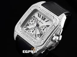 CARTIER 卡地亞 Santos 100 XL Chronograph 山度士 大型 計時碼表 經典羅馬數字時標 不鏽鋼 <font color="#FF0000">精鑲鑽框</font> 自動上鍊 42mm