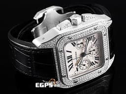 CARTIER 卡地亞 Santos 100 XL Chronograph 山度士 大型 計時碼表 經典羅馬數字時標 不鏽鋼 <font color="#FF0000">精鑲鑽框</font> 自動上鍊 42mm