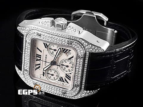 CARTIER 卡地亞 Santos 100 XL Chronograph 山度士 大型 計時碼表 經典羅馬數字時標 不鏽鋼 精鑲鑽框 自動上鍊 42mm