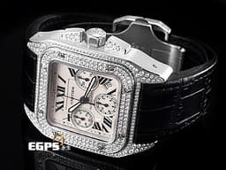 CARTIER 卡地亞 Santos 100 XL Chronograph 山度士 大型 計時碼表 經典羅馬數字時標 不鏽鋼 <font color="#FF0000">精鑲鑽框</font> 自動上鍊 42mm