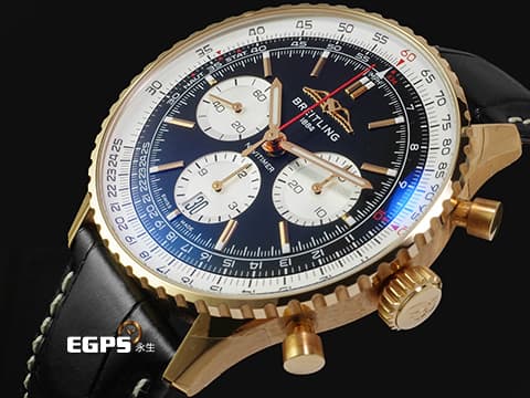 BREITLING 百年靈 Navitimer B01-Chronograph 43 航空計時 18K玫瑰金材質 RB0138211B1P1 經典環形飛行滑尺 黑色熊貓面盤 自製B01機芯 2026年保卡 重約3.38兩&nbsp; 自動上鍊 飛行錶 43mm