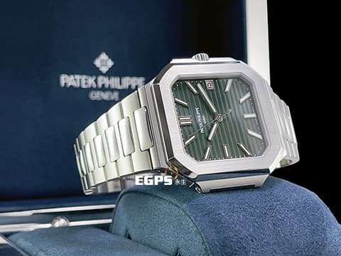 Patek Philippe 百達翡麗 PP Cubitus 5821/1A-001 不鏽鋼材質&nbsp;綠色橫條浮雕日輝紋面盤&nbsp;大三針&nbsp;方形圓角錶殼 橄欖綠 2026年保單  自動上鍊 45mm