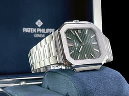 Patek Philippe 百達翡麗 PP Cubitus 5821/1A-001 不鏽鋼材質&nbsp;<font color="#c0f2bf">綠色橫條浮雕日輝紋面盤</font><font color="#2828FF">&nbsp;</font>大三針<font color="#ff0000">&nbsp;方形圓角錶殼 橄欖綠</font><font color="#fafa01"> 2026年保單 </font> 自動上鍊 45mm
