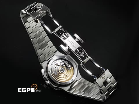Patek Philippe 百達翡麗 PP錶 Nautilus Travel Time Flyback Chronograph 金鷹 鸚鵡螺 5990/1A-011&nbsp;藍色漸層橫條紋面盤&nbsp;兩地時區 飛返 計時碼錶 不鏽鋼 新一代鋼王&nbsp;2026年保單&nbsp;自動上鏈 40.5mm