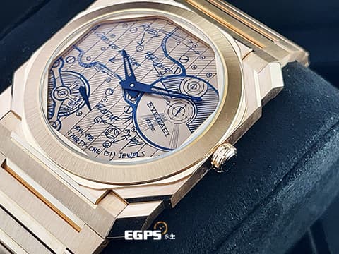 BVLGARI 寶格麗 Bulgari Octo Finissimo 104165 18K玫瑰金材質 超薄錶殼（厚 6.40 公釐） 手繪機芯草圖面盤 全球限量 70 只 PT950鉑金微型自動盤 2025年保單 自動上鍊 40mm