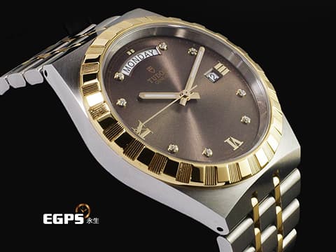 TUDOR 帝舵 Royal Day-Date 皇家系列 28603-0008 18K黃金材質 半金款&nbsp;&nbsp;巧克力棕色面盤 原廠鑲嵌鑽石時標 星期、日期顯示窗&nbsp;2026年保卡&nbsp;自動上鍊 41mm