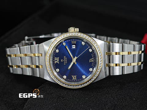 TUOR 帝舵 Royal 皇家系列 28323-0002&nbsp;原廠鑲嵌60顆頂級天然美鑽外圈 鑽石時標藍色錶面 18K黃金 半金款&nbsp;大三針 最新款&nbsp;2026年保卡 自動上鍊 28mm