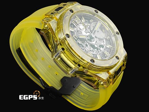 Hublot 宇舶 BIG BANG Unico 大爆炸 三日鍊 飛返計時碼錶 441.JY.4909.RT 黃色拋光藍寶石水晶材質錶殼 原廠特殊水晶材質錶盒 鏤空面盤 2021年保卡 限量100支 新錶訂價：3,270,000元&nbsp;自動上鍊 42mm