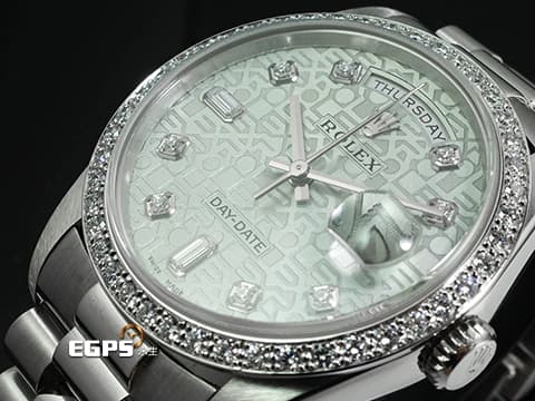 ROLEX 勞力士 Oyster Perpetual Day-Date 18346 蠔式 DD 星期日曆型 PT950 鉑金材質&nbsp;原廠鑲嵌鑽石錶圈、時標 冰藍色經典電腦浮雕紀念面盤『極為少見的鉑金羚羊頭圖騰』＊絕版增值中 自動上鏈 36mm