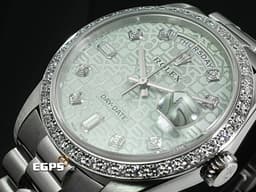 ROLEX 勞力士 Oyster Perpetual Day-Date 18346 蠔式 DD 星期日曆型 PT950 鉑金材質&nbsp;<font style="font-size: 10pt;" color="#05f0f0">原廠鑲嵌鑽石錶圈、時標 冰藍色經典電腦浮雕紀念面盤</font><span style="font-size: 10pt;"><font color="#fafa01">『極為少見的鉑金羚羊頭圖騰』</font><font color="#fa00fa">＊絕版增值中</font> 自動上鏈 36mm</span>