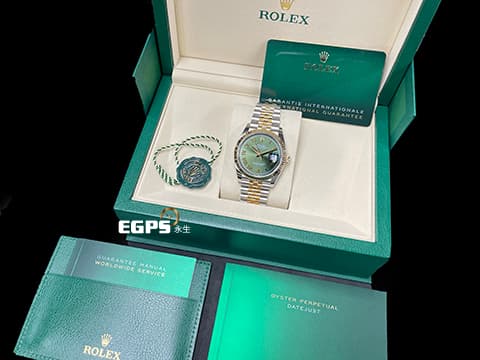 ROLEX 勞力士 DateJust 36 蠔式日誌型 橄欖綠面盤 126233 半金款 18K黃金&nbsp;DJ36 經典三角坑紋錶圈&nbsp;2026年保卡 紀念型（Jubilee）五銖錶帶 自動上鏈 36mm