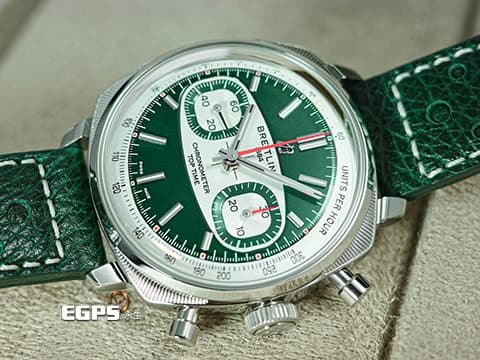 BREITLING 百年靈 Top Time B01 Racing 系列 AB0177 計時碼表&nbsp;綠熊貓配色面盤&nbsp;不鏽鋼&nbsp;AB01771A1L1X1 復古 賽車錶&nbsp;自製機芯 限量750支 2026年保單 自動上鍊 38mm