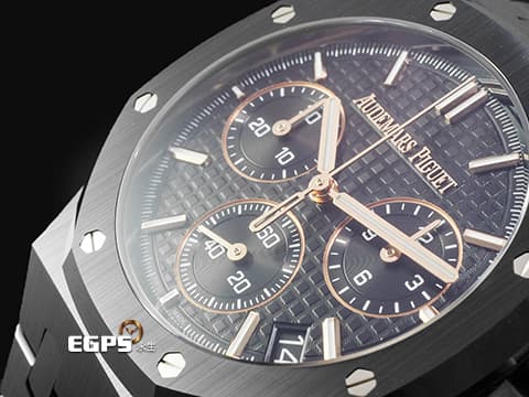 Audemars Piguet 愛彼 AP錶 Royal Oak Chronograph 皇家橡樹 26240CE.OO.1225CE.02 黑色陶瓷材質 黑色錶面鐫刻「Grande Tapisserie」大型格紋面盤 玫瑰金色調指針、時標&nbsp;飛返計時腕錶&nbsp;2026年保卡&nbsp;自動上鍊&nbsp;41mm