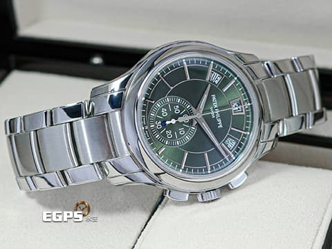 Patek Philippe 百達翡麗 PP錶 Complications 複雜功能時計 Flyback Chronograph Annual Calendar&nbsp;橄欖綠色日輝紋面盤&nbsp;5905/1A-001 飛返 計時碼表 年曆錶 不鏽鋼&nbsp;2021年台灣公司貨&nbsp;自動上鍊 42mm